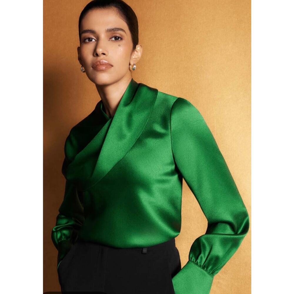 The Fold Ocana Satin Long Sleeve Blouse Deep Emerald Women's 14 New Elegant - Picture 2 of 13